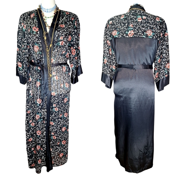 Vintage 80s 90s Floral Maxi Length Robe Womens Medium Stripes Sheer Metallic - Picture 1 of 8